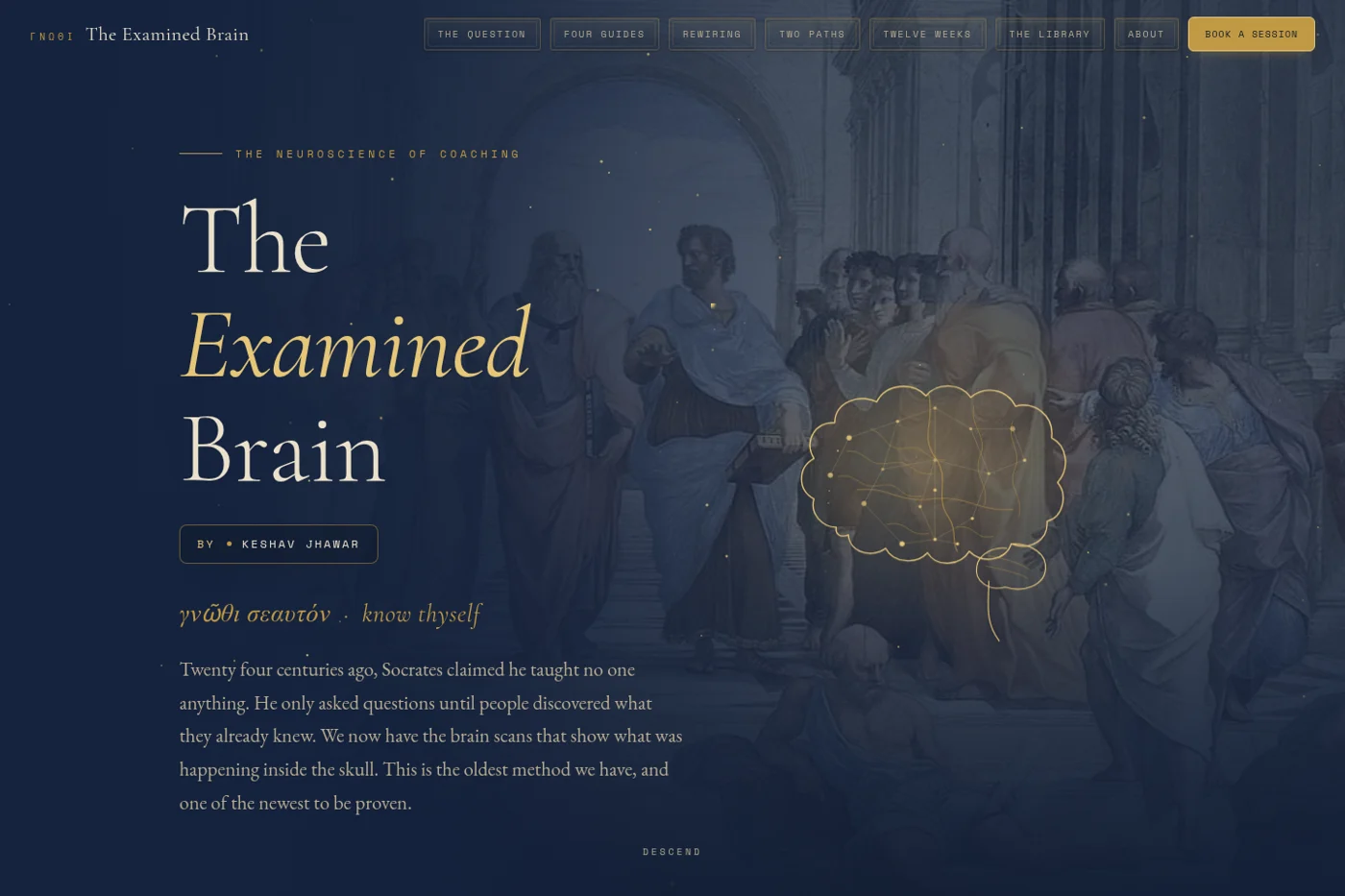 The Examined Brain coaching website, with its neuroscience and philosophy inspired artwork